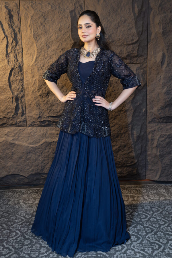 Navy Jacket Set – Net & Crepe Ensemble