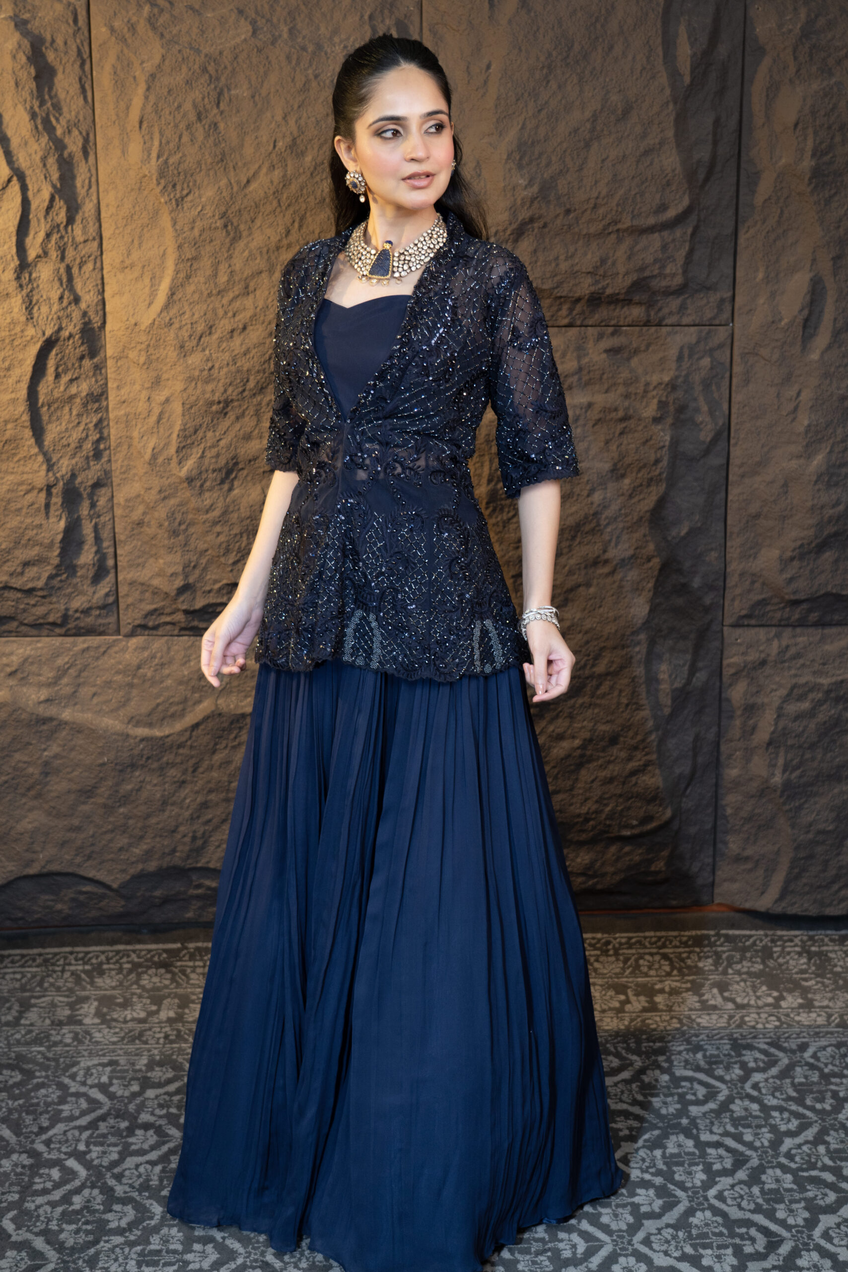 Navy Jacket Set – Net & Crepe Ensemble - Image 2