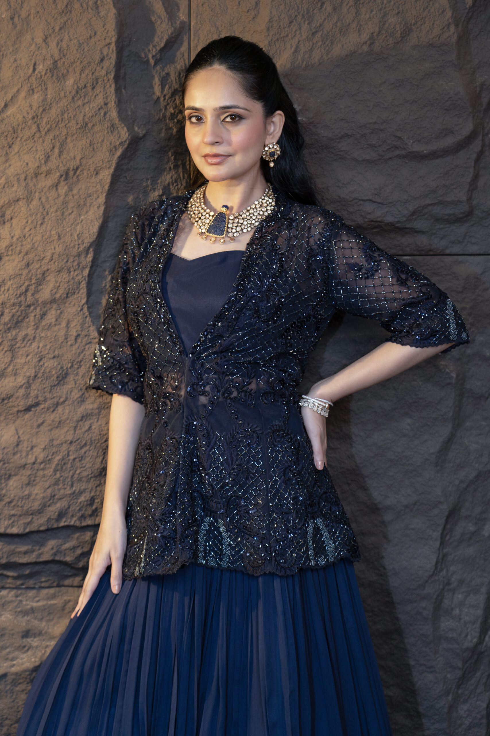 Navy Jacket Set – Net & Crepe Ensemble - Image 3