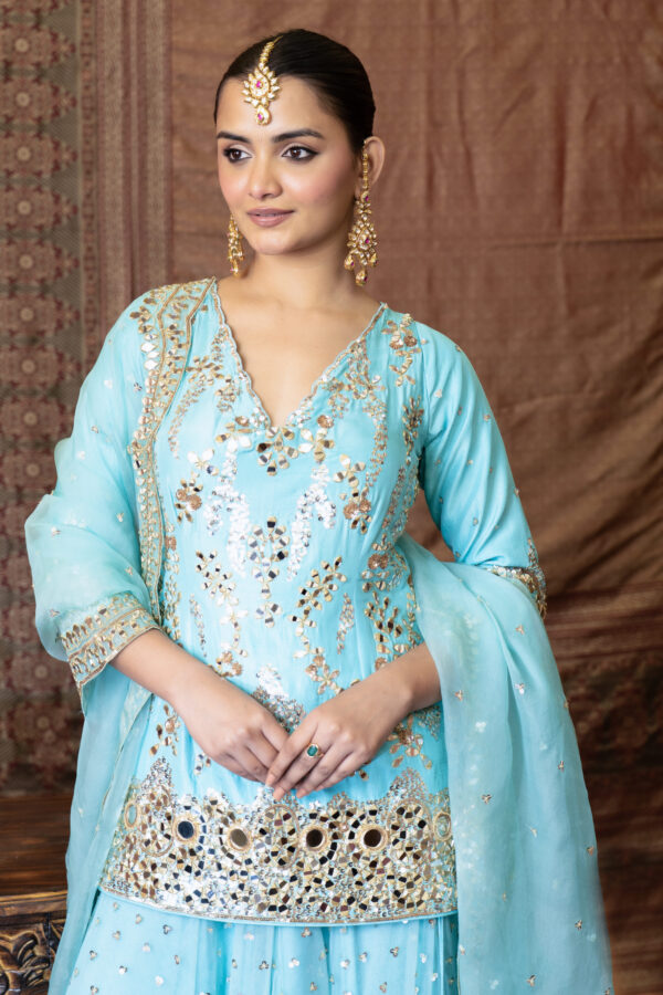 Aaina Sharara Set – Sea Blue Silk & Organza