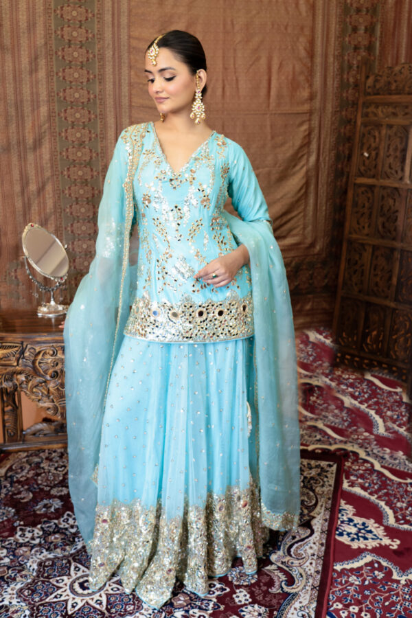 Aaina Sharara Set – Sea Blue Silk & Organza