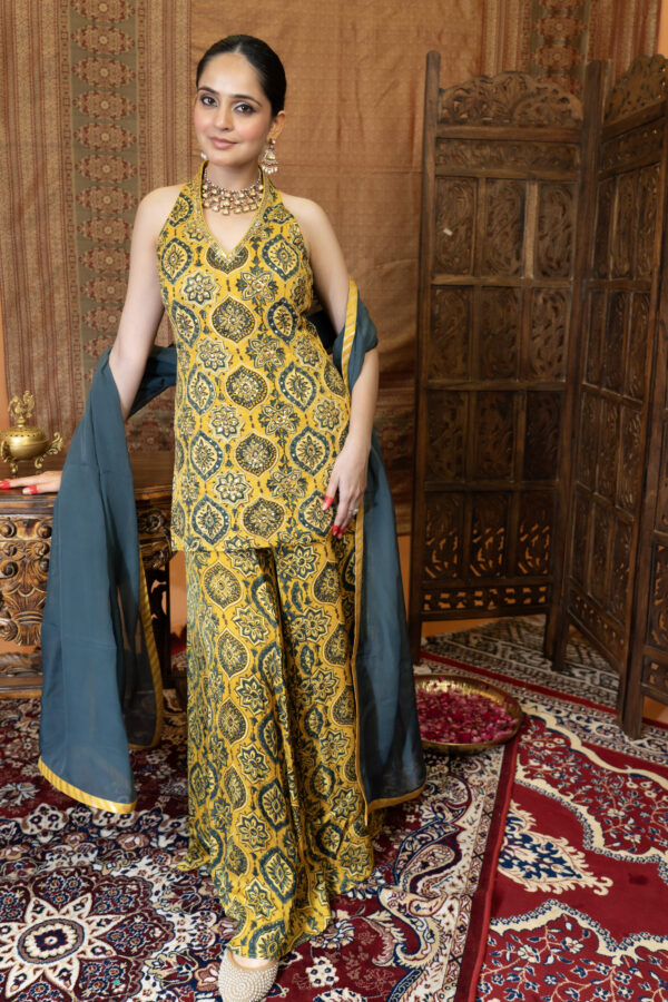 Yellow Ajrakh Sharara Set – Aari & Hand-Embellished
