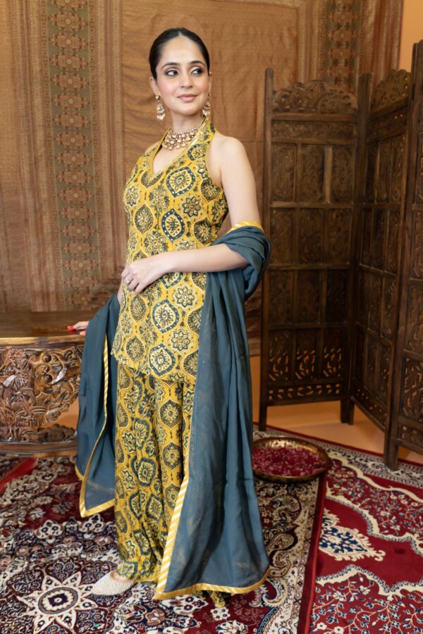 Yellow Ajrakh Sharara Set – Aari & Hand-Embellished